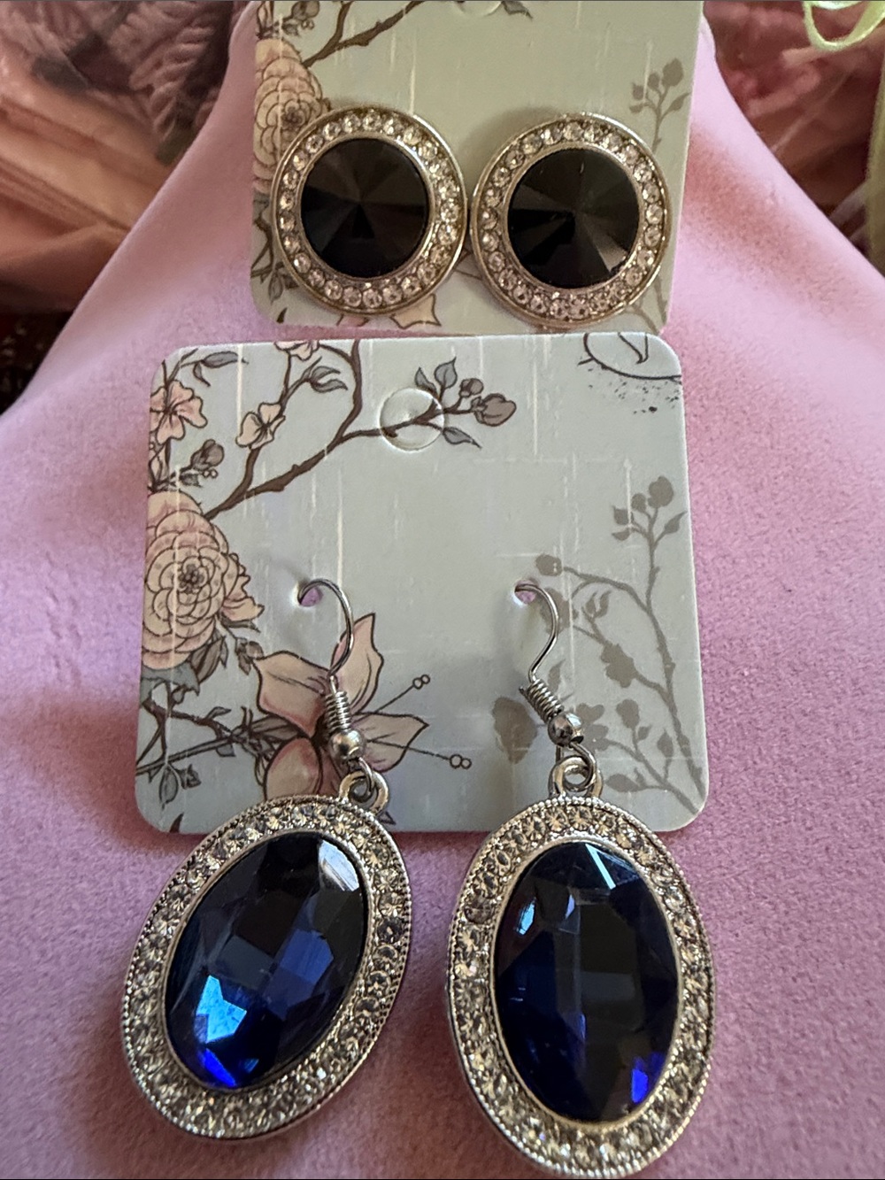 Paparazzi 2 Earring Sets, Blue & Black with crystals. 1 Stud, 1 Hook (J0217)